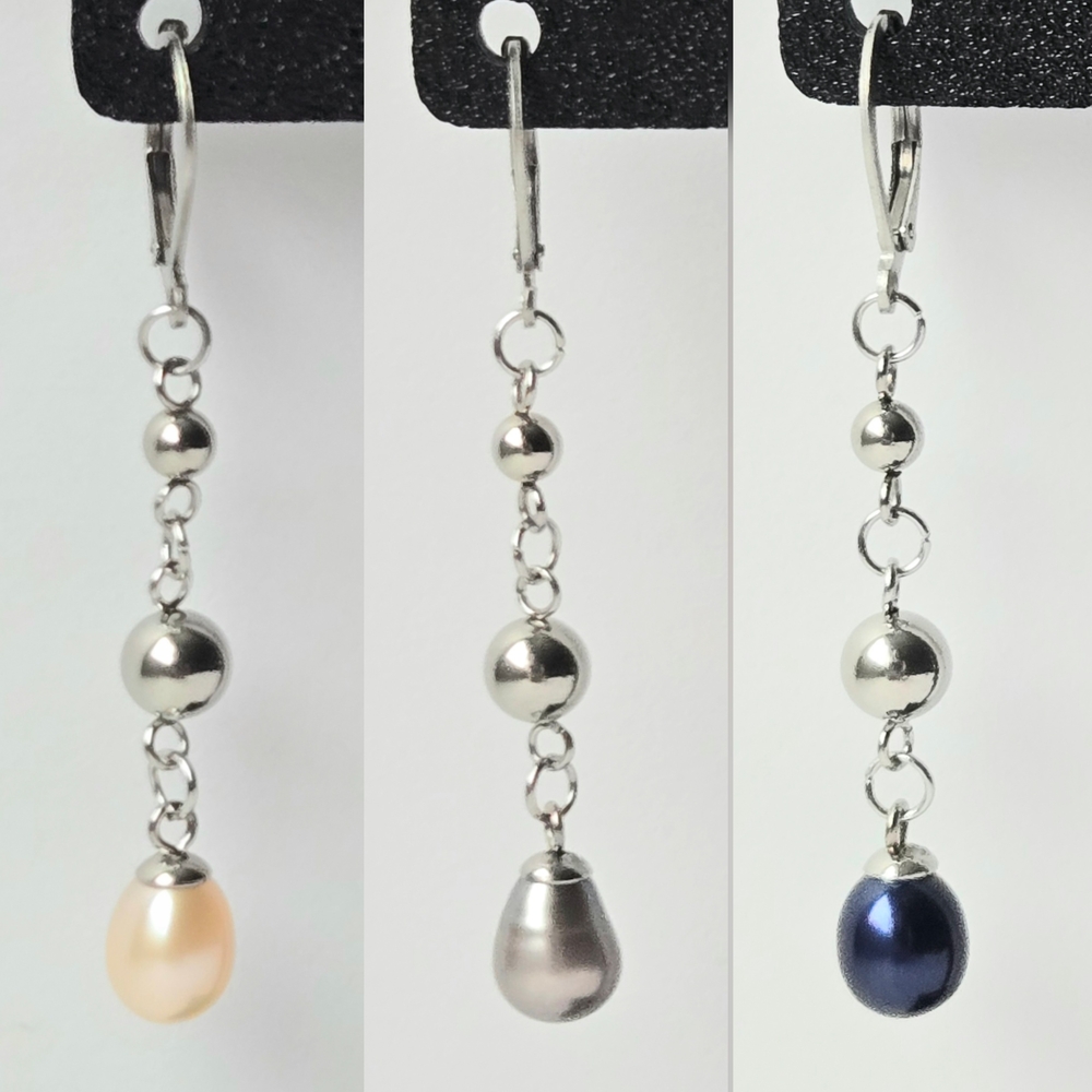 Trio Pearl Dangle Earrings Set-Pink, Gray, Blue, Silvertone Setting, Leverbacks
